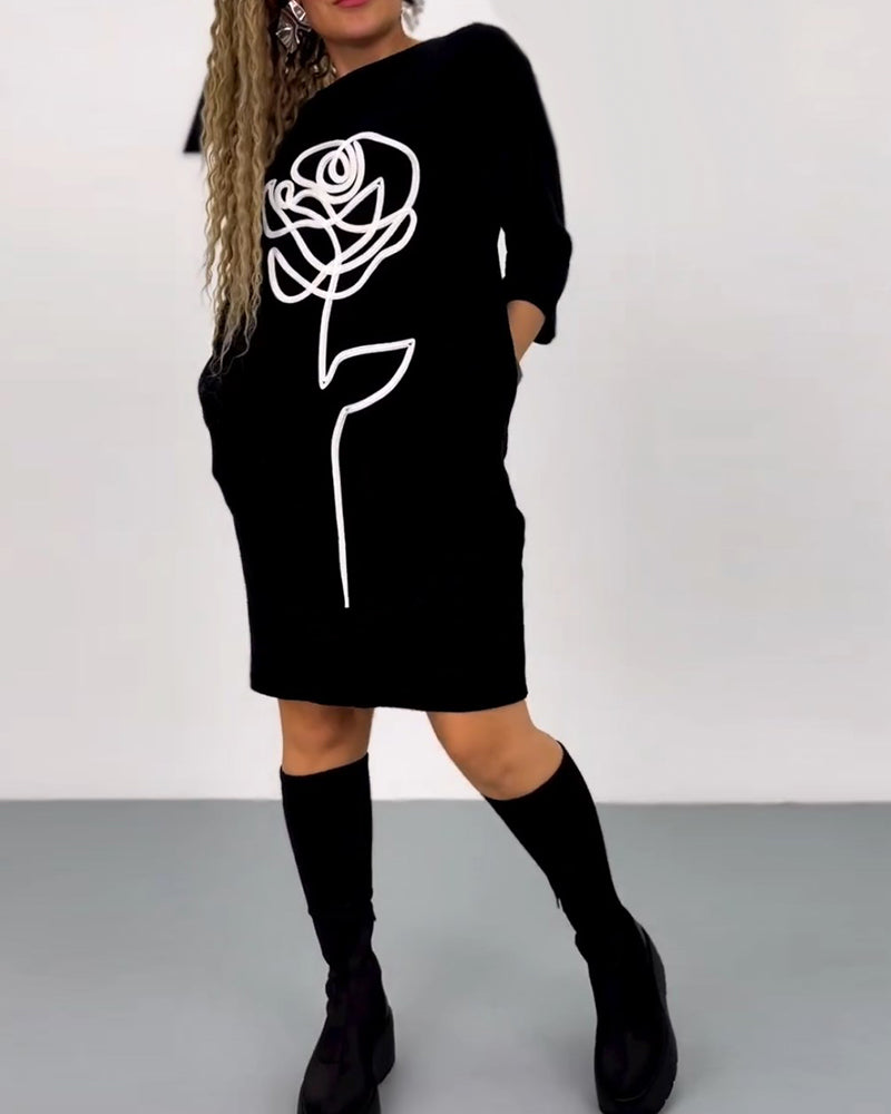 Blommig Casual klänning med 3/4 ärm
