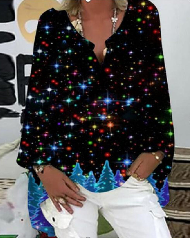 Topp med V-ringad långärmad med tryckt