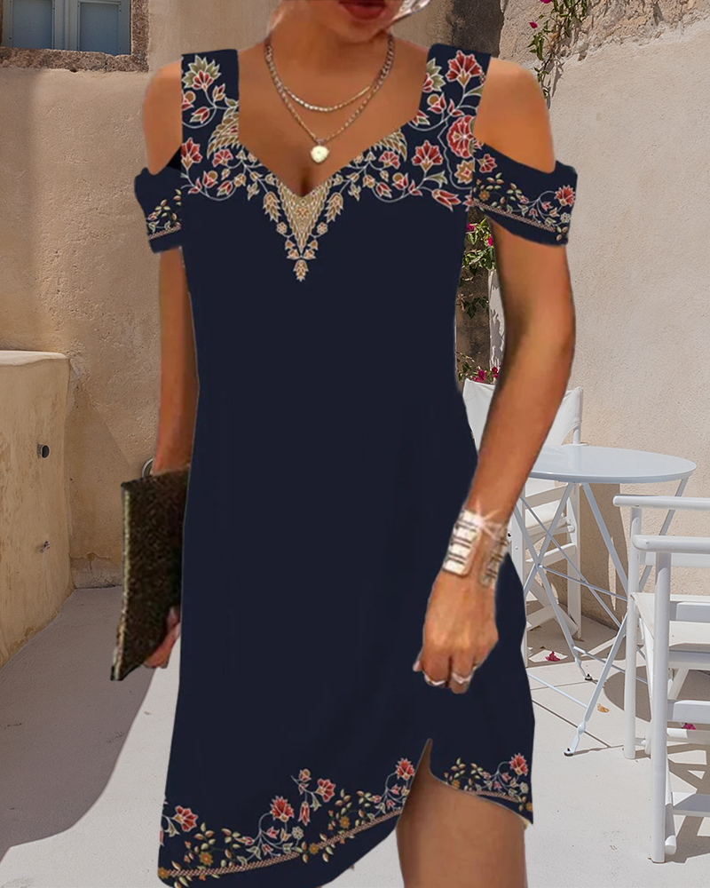 Midiklänning med tryck och kalla axlar