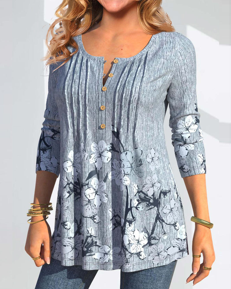 Blommig casual bluse med tryck och knappar