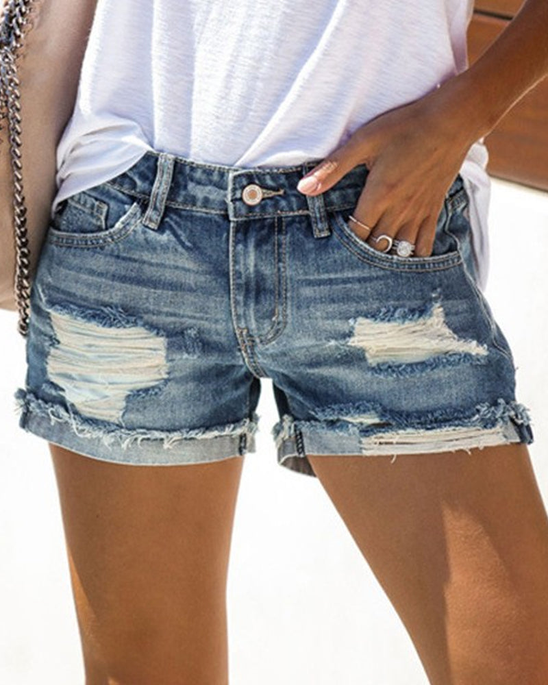 Mid midja rippad denim kort