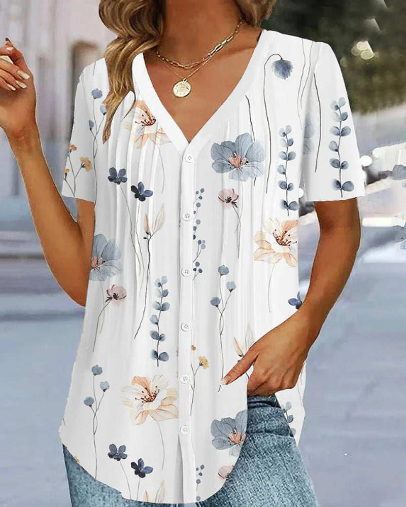 V-ringad T-shirt med blommönster