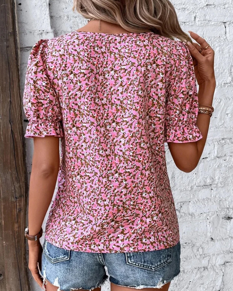 Kort ärmad blommönstrad Blus med fyrkantig hals