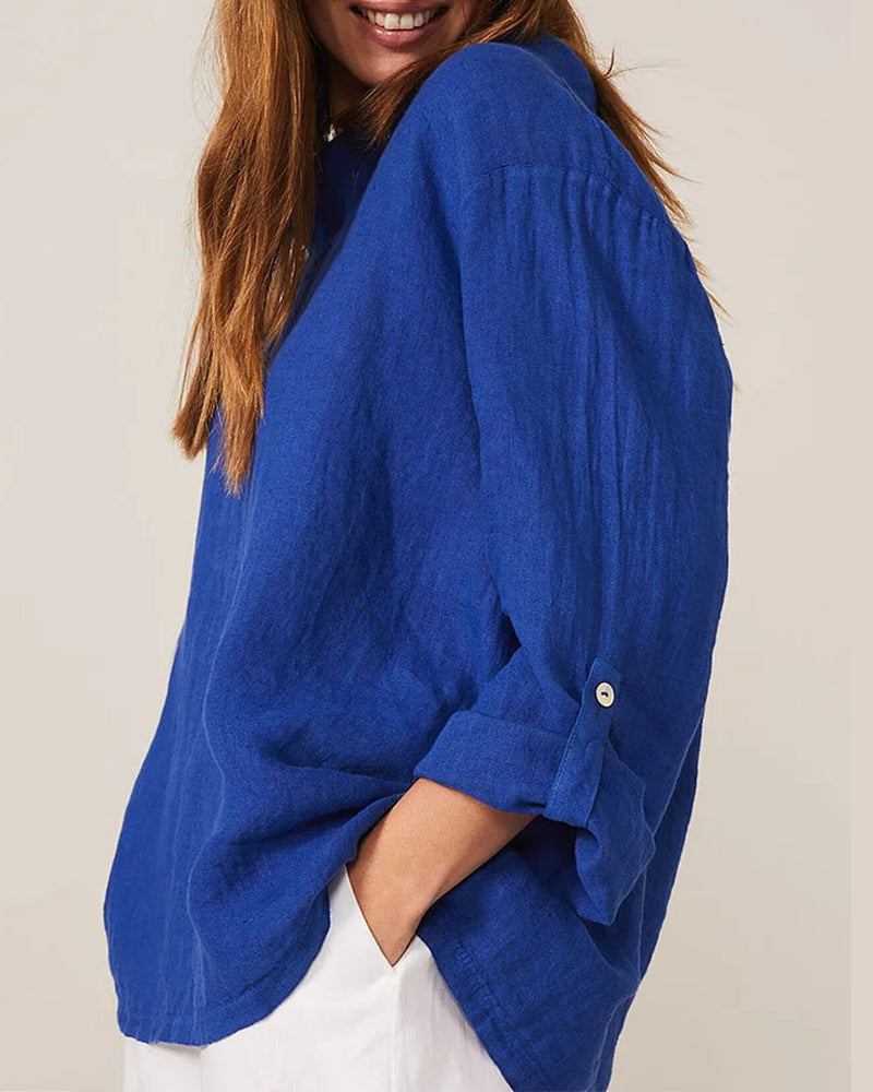 Lapel enfärgad top med lång ärmar