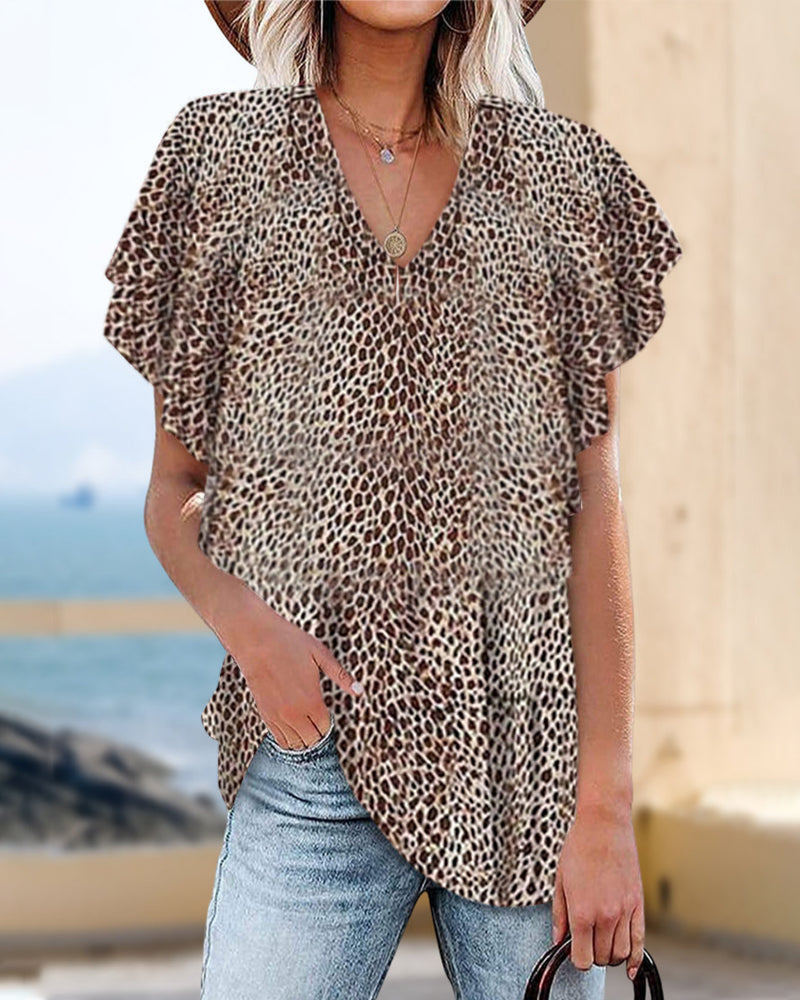 V-ringad leopard kortärmad topp