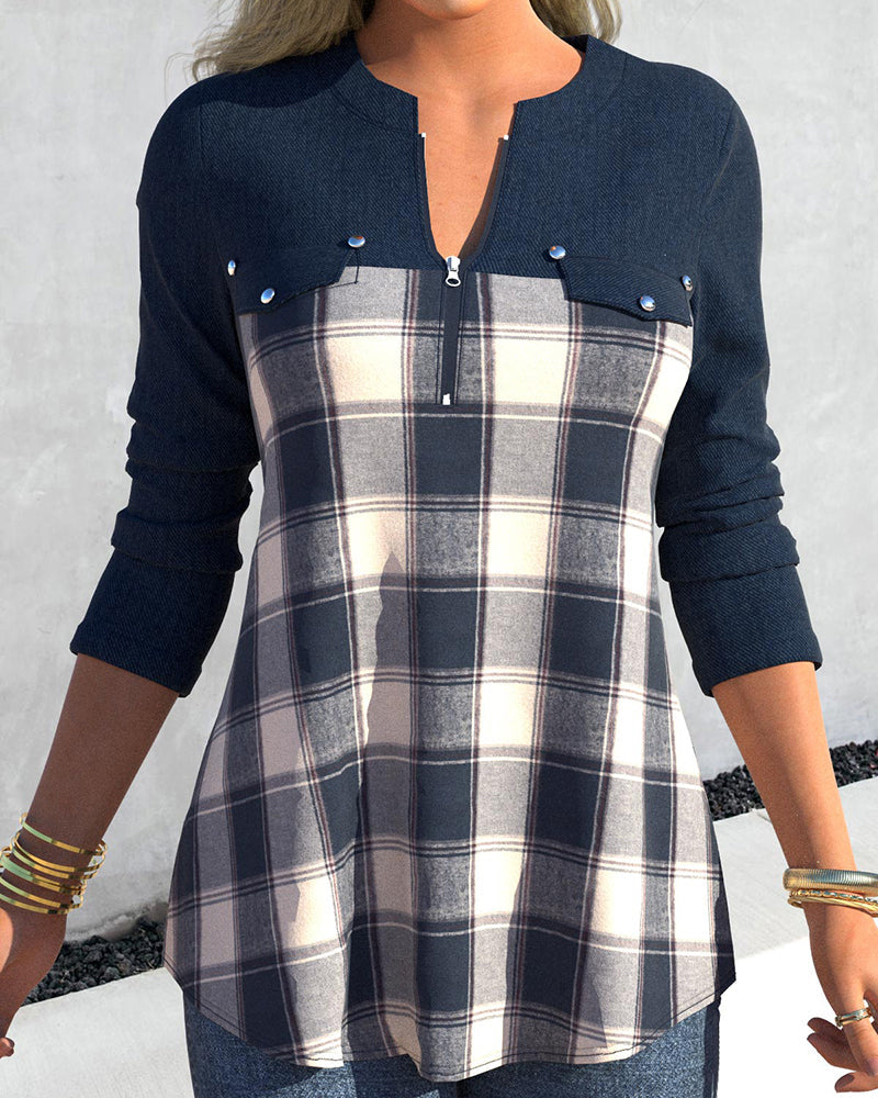 Marinblå långärmad topp med rutigt tryck