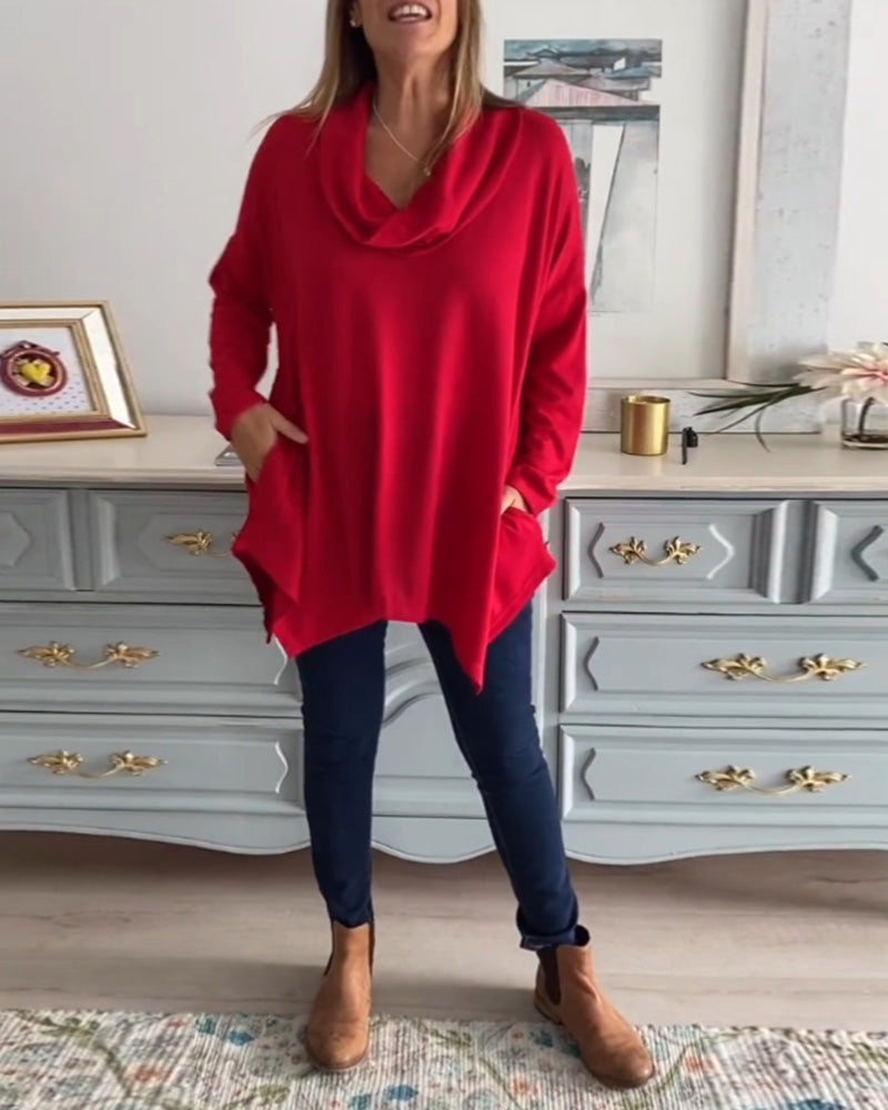 Enfärgad lös topp med kåpa hals