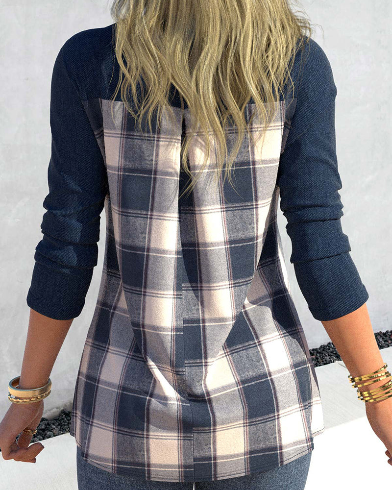 Marinblå långärmad topp med rutigt tryck