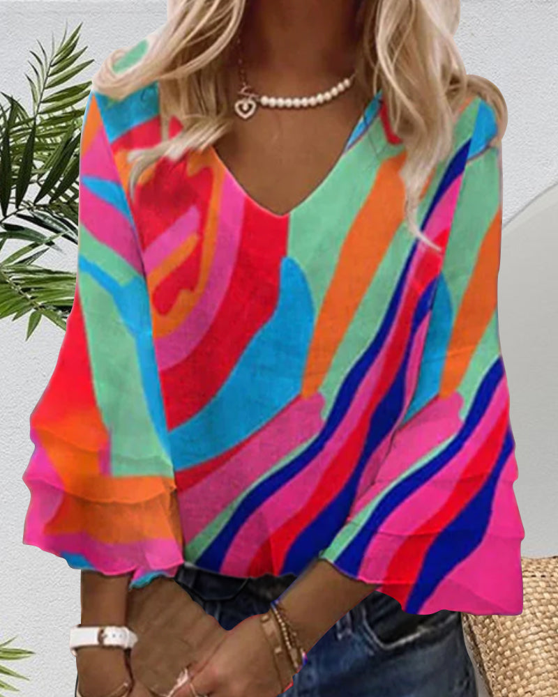 V-ringad 3/4-ärm tryckt topp