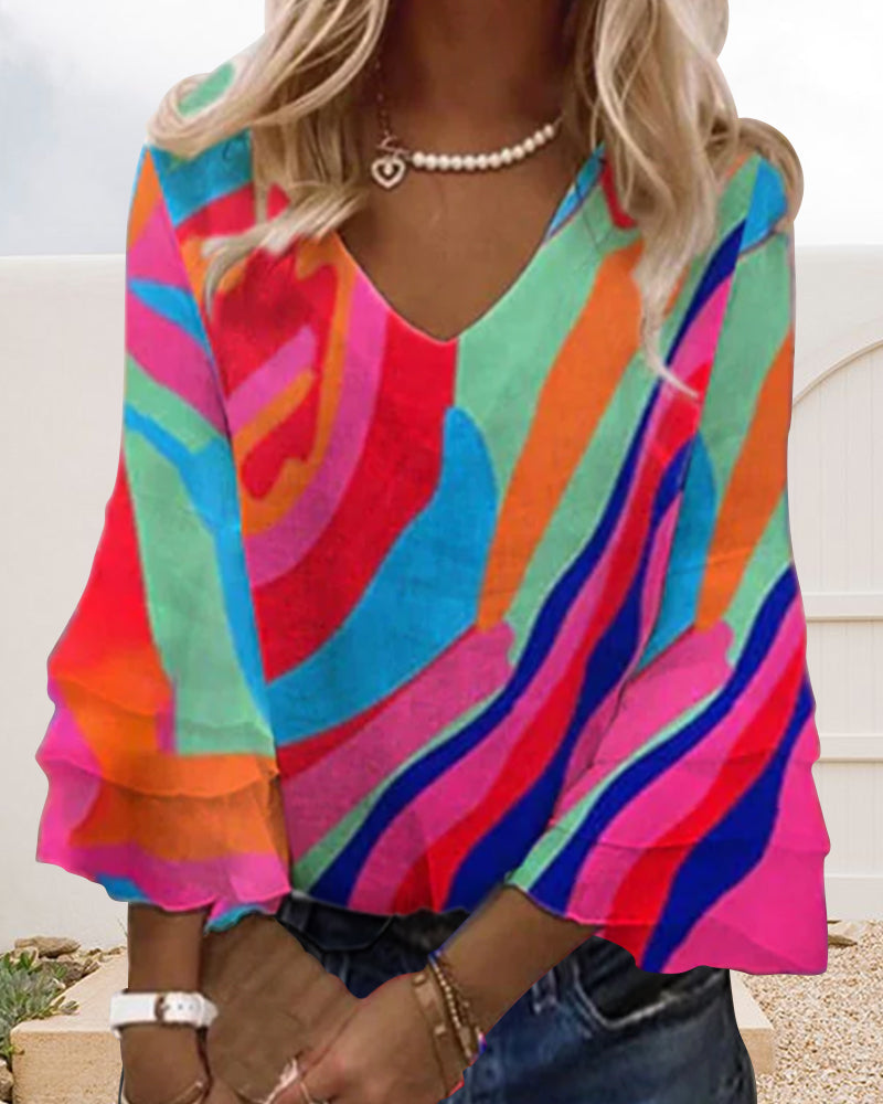 V-ringad 3/4-ärm tryckt topp