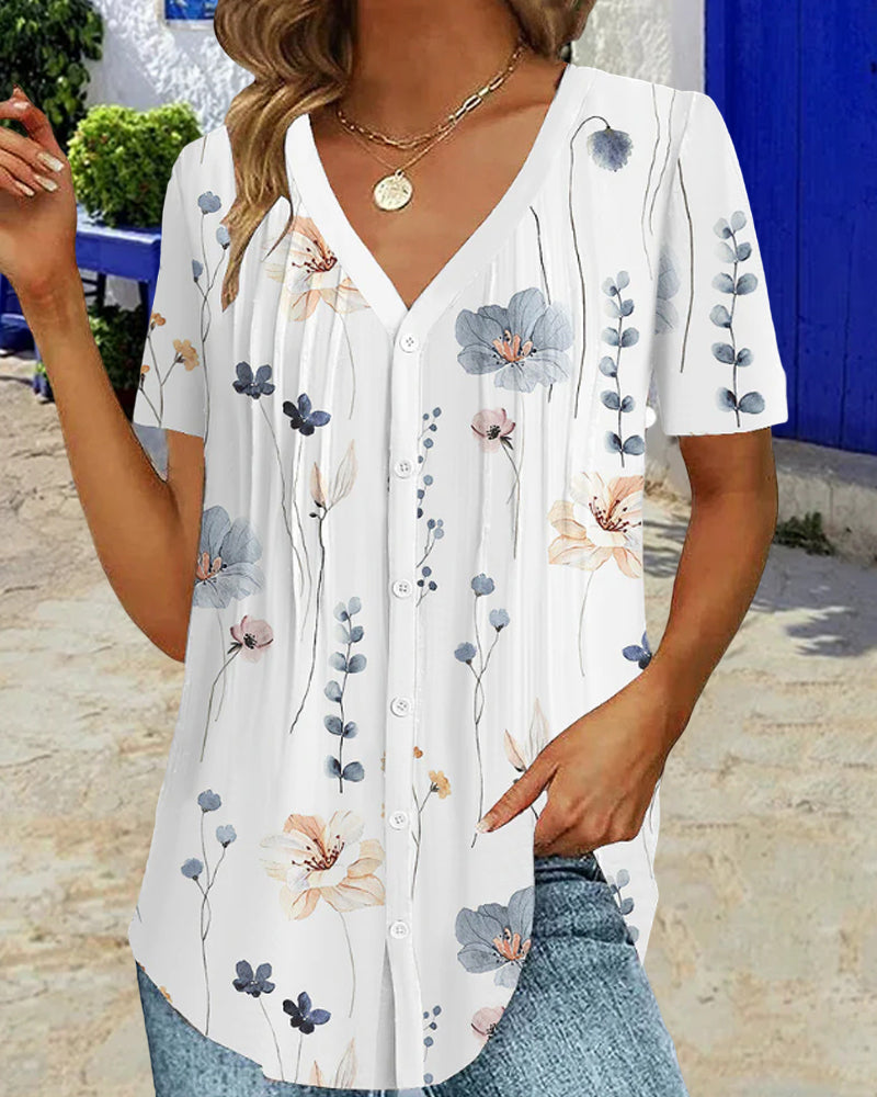 V-ringad T-shirt med blommönster