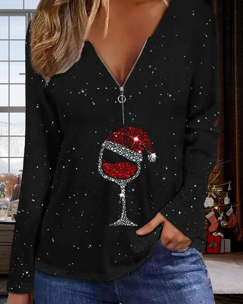 Långärmad jultopp med vinglastryck