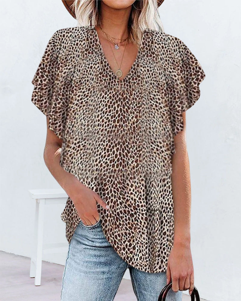 V-ringad leopard kortärmad topp