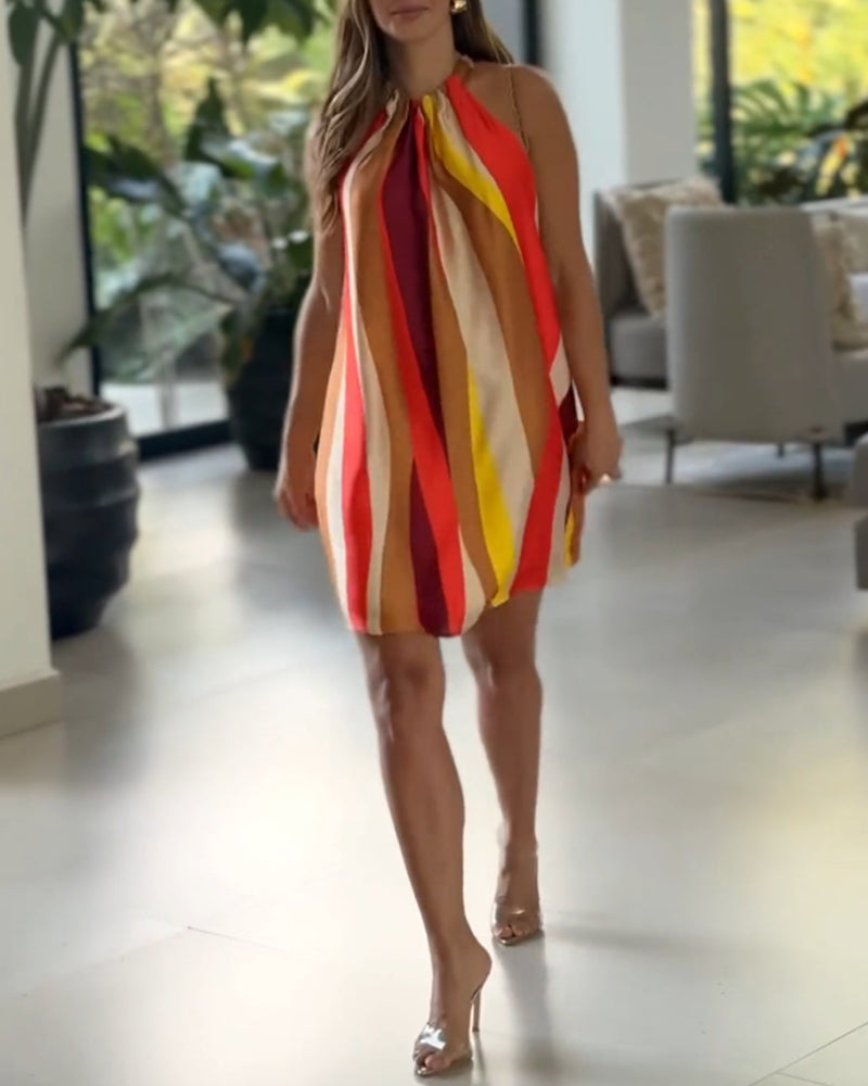 Halterneck färgglad klänning med band