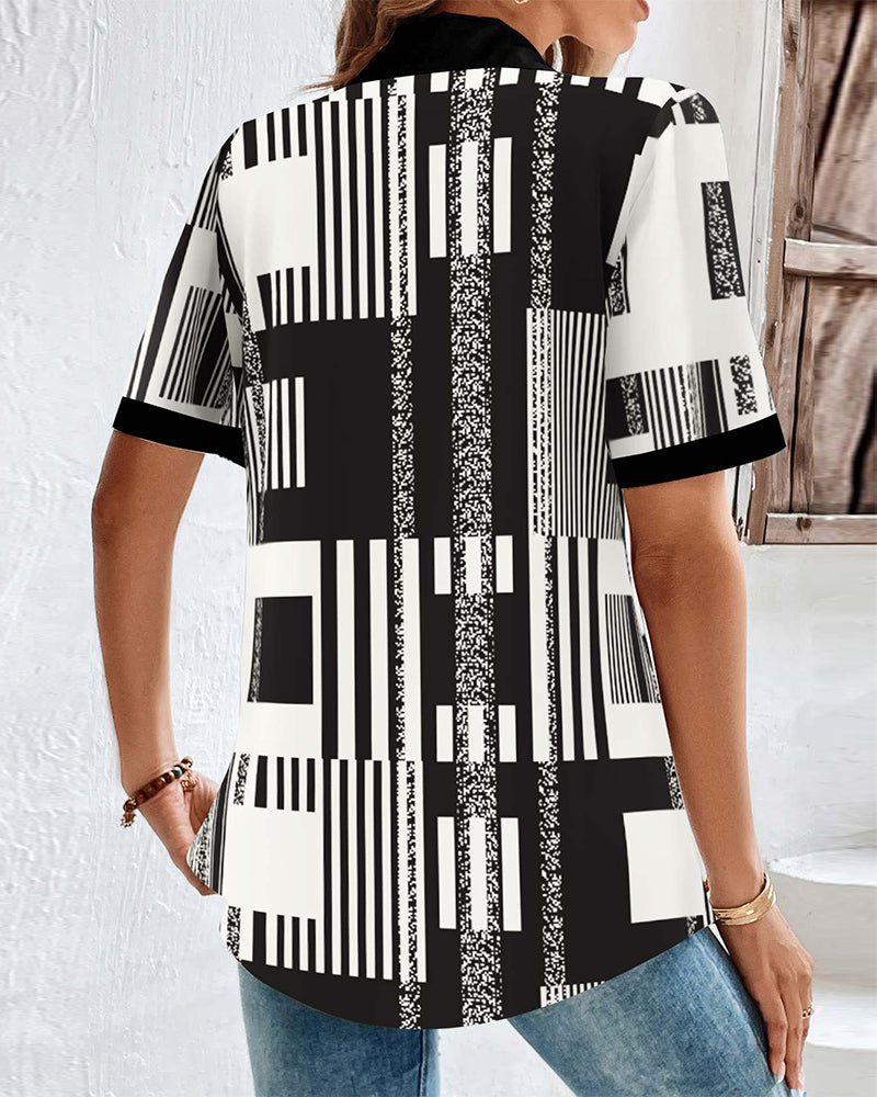 Färgblocks Blus med v-ringning