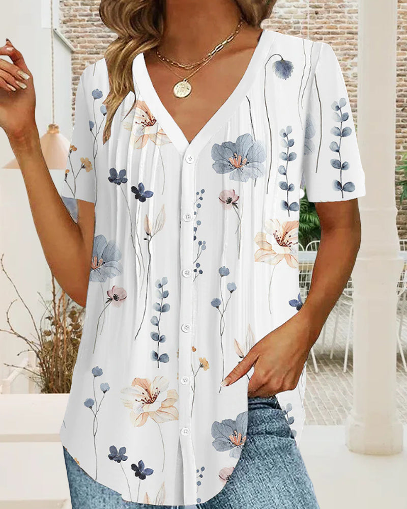 V-ringad T-shirt med blommönster