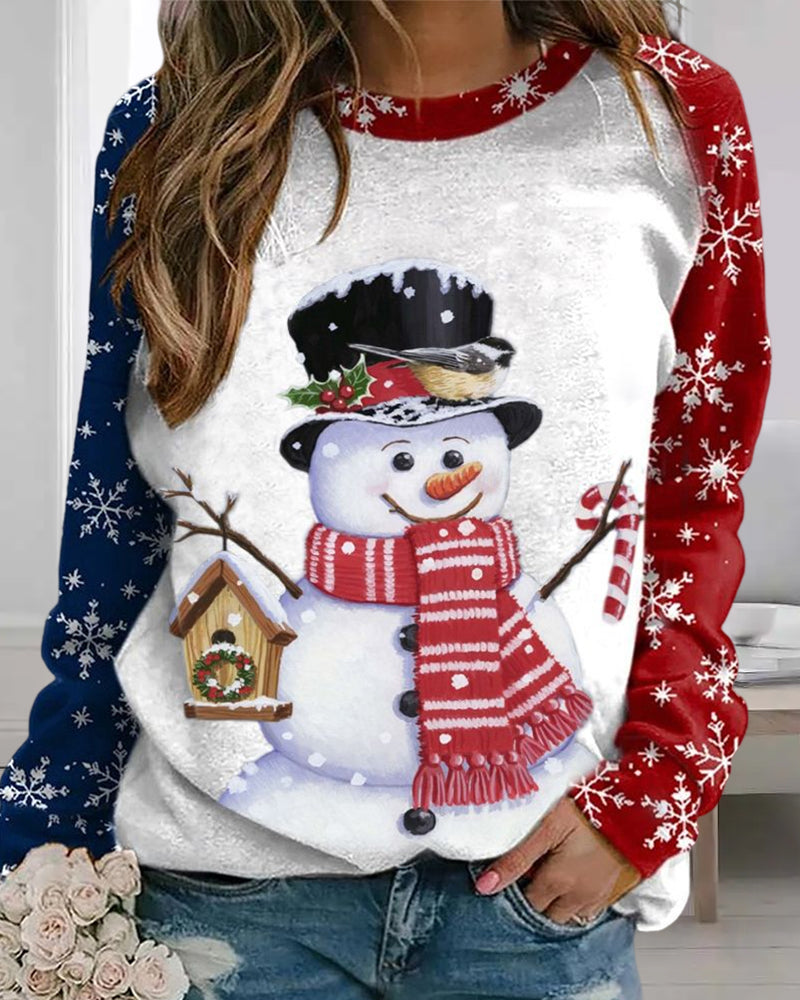 Topp med snögubbetryckt med rund hals