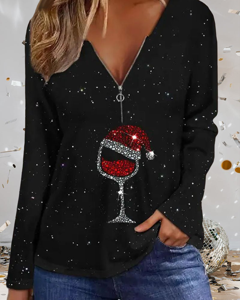 Långärmad jultopp med vinglastryck