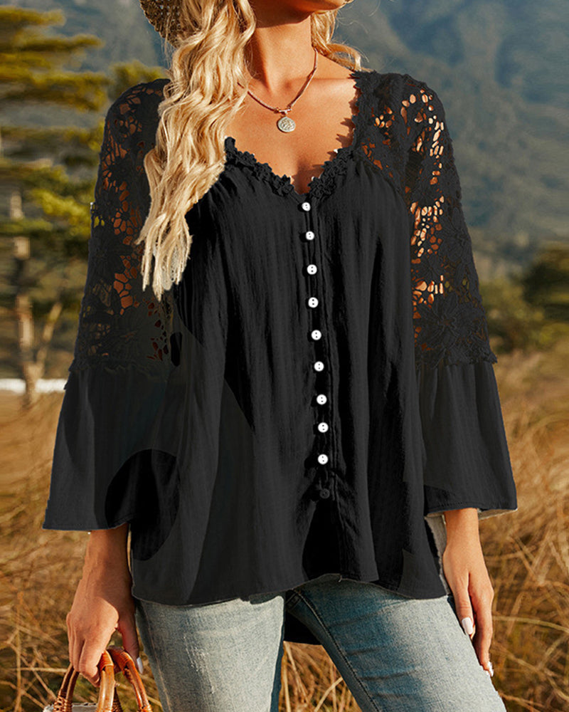 Långärmad Enfärgad Blus med Spetspanel