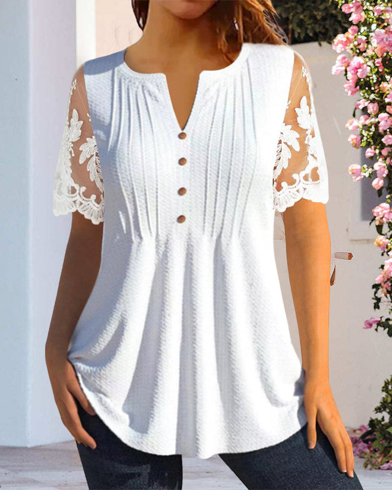 V-ringad Blus med spetsärm