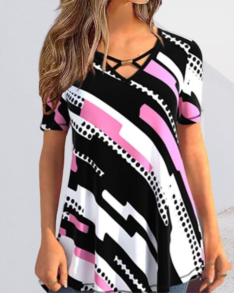 Kortärmad blus med färgblocktryck