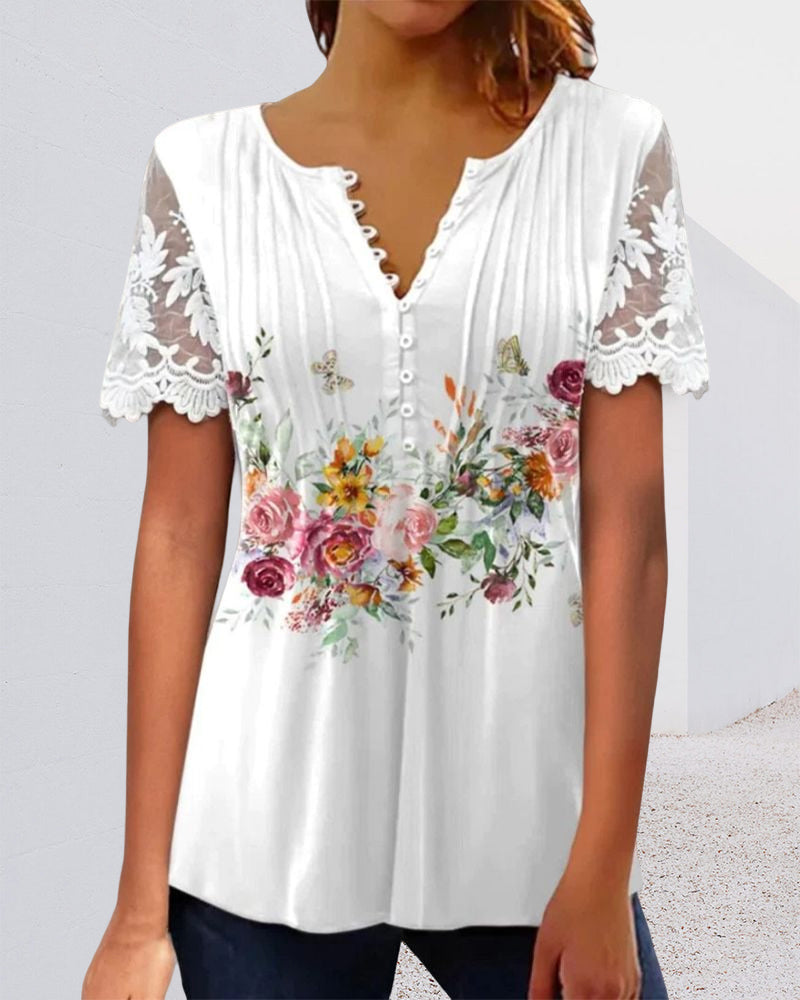 Blommönster T-shirt i spets med korta ärmar