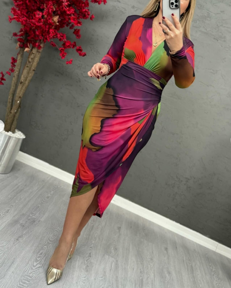 Färgglad tryckt v-ringad elegant klänning