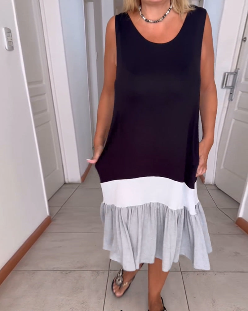 Färgblockerad ärmlös klänning med rund halsringning