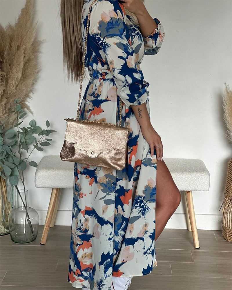 Elegant klänning med slits med blommönster