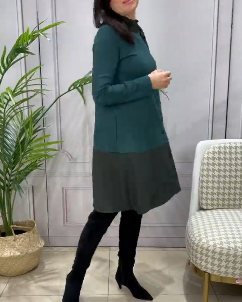 Patchwork långärmad klänning med spets