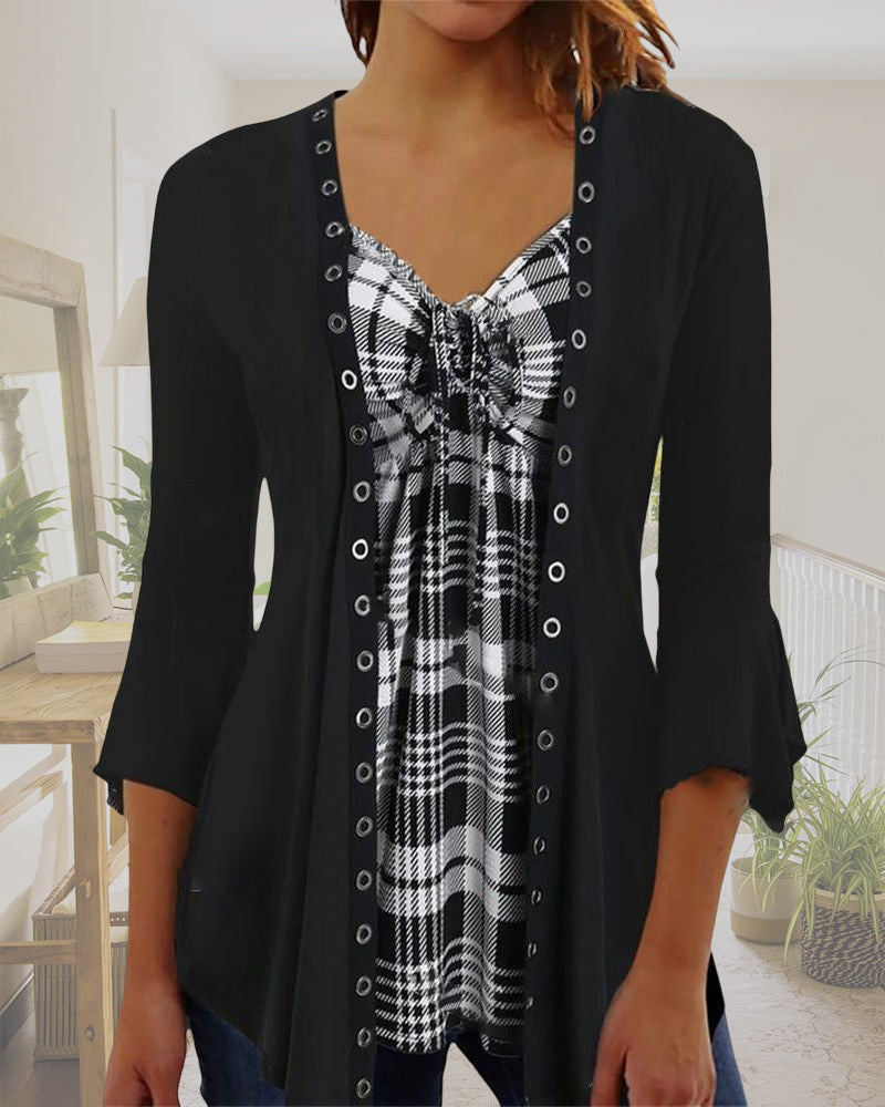 3/4-ärm rutig patchwork topp