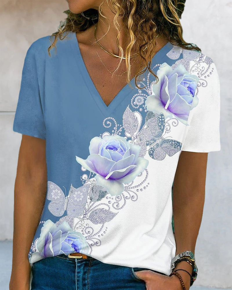 Blommor tryck V-hals t-shirt
