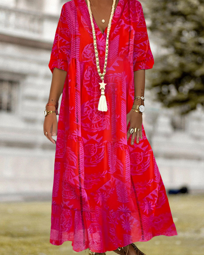 Halvärmad lång klänning med v-ringad hals