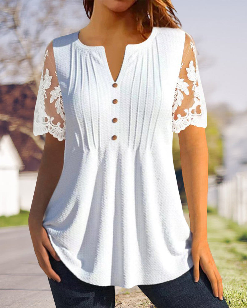 V-ringad Blus med spetsärm