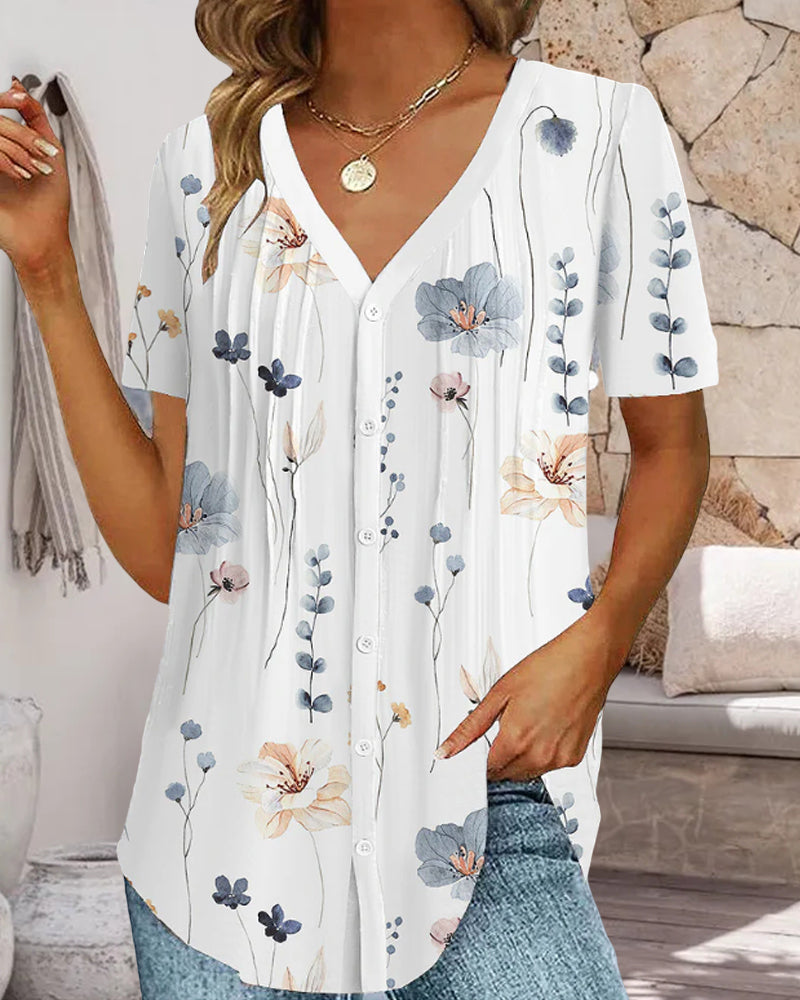 V-ringad T-shirt med blommönster