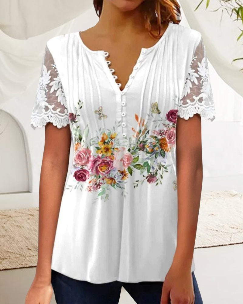 Blommönster T-shirt i spets med korta ärmar
