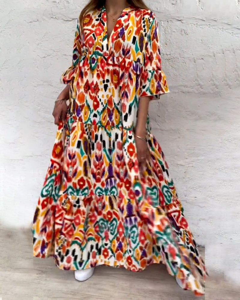 Färgad A-linje klänning med V-ringning