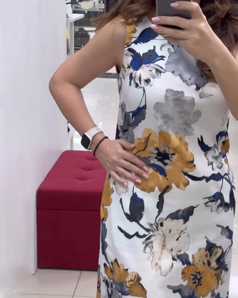 Elegant klänning utan ärm med blommönster