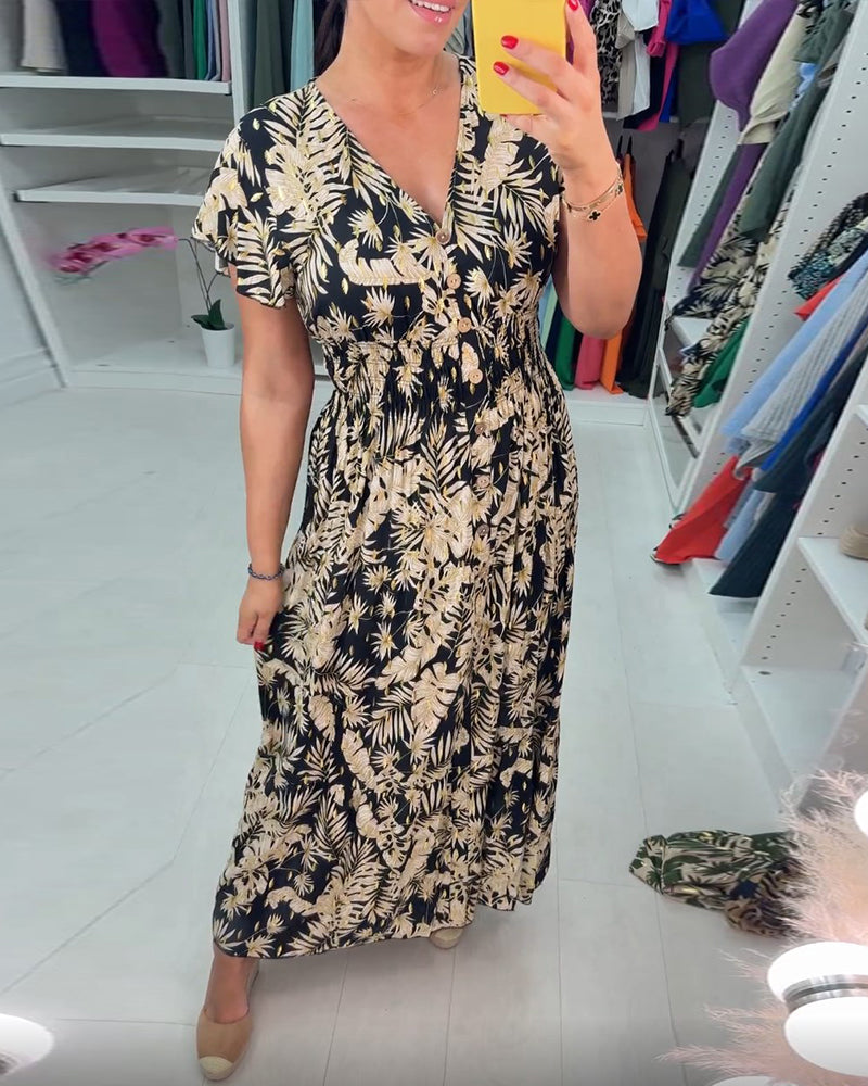 Kortärmad klänning med v-ringad bladtryck