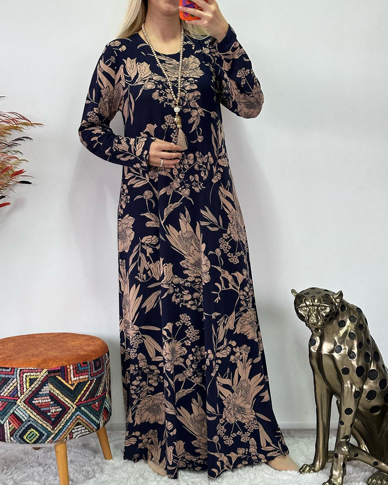 Klänning med rund hals och blommönster