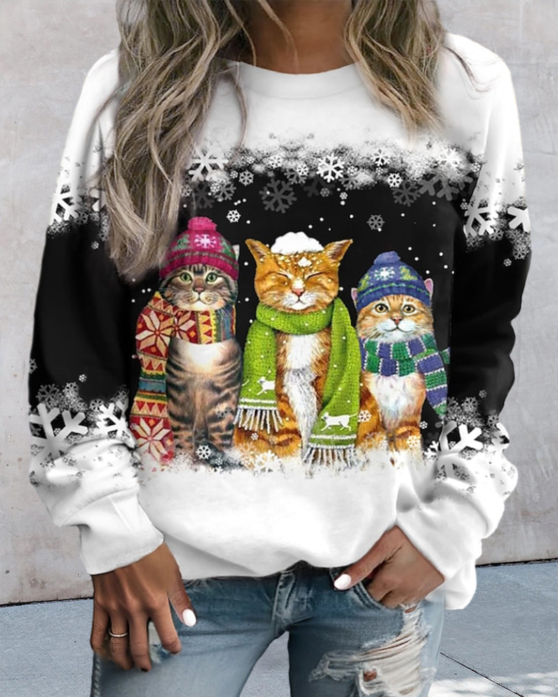 Sweatshirt med rund nacke och katttryck