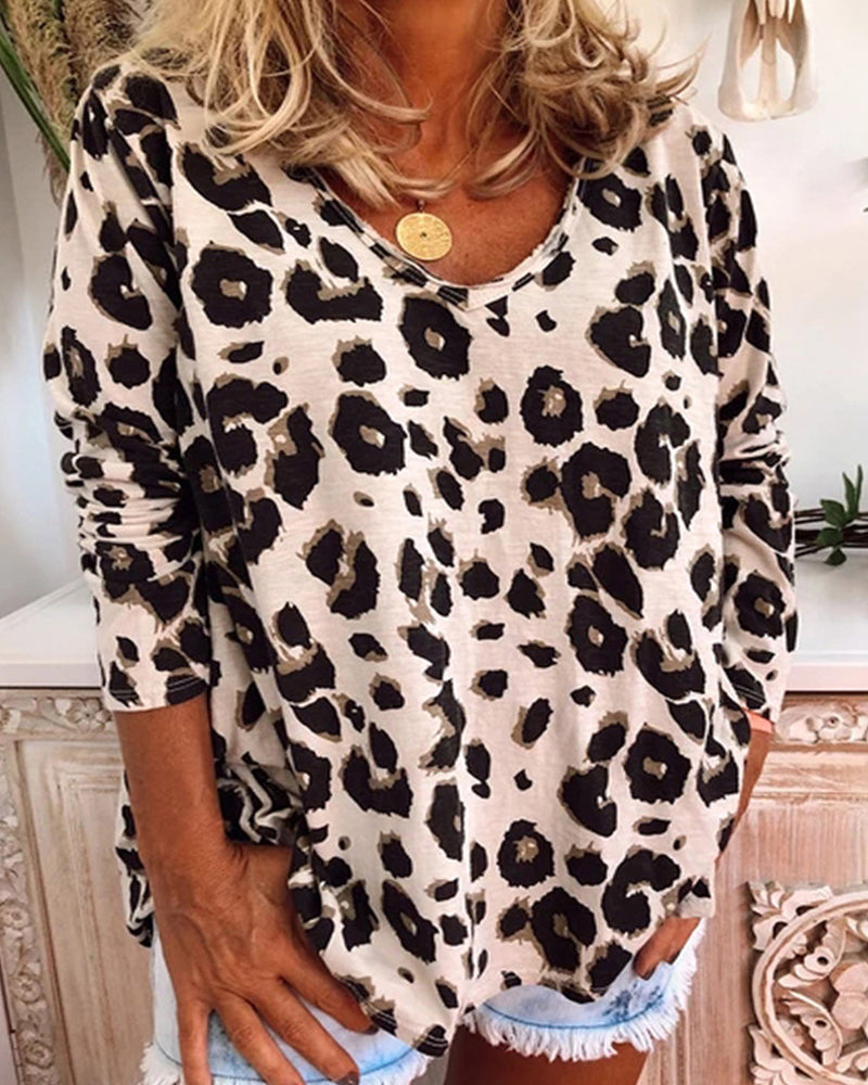 Leopard v-ringad långärmad t-shirt