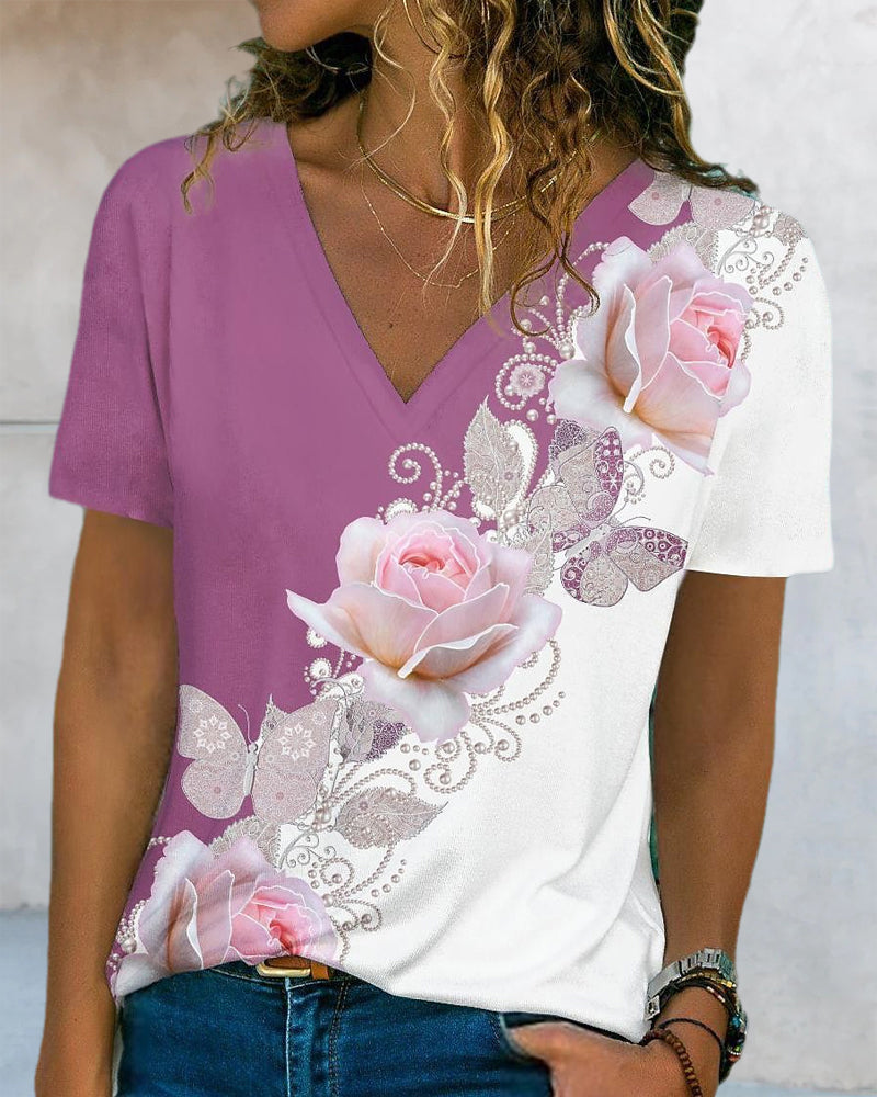 Blommor tryck V-hals t-shirt