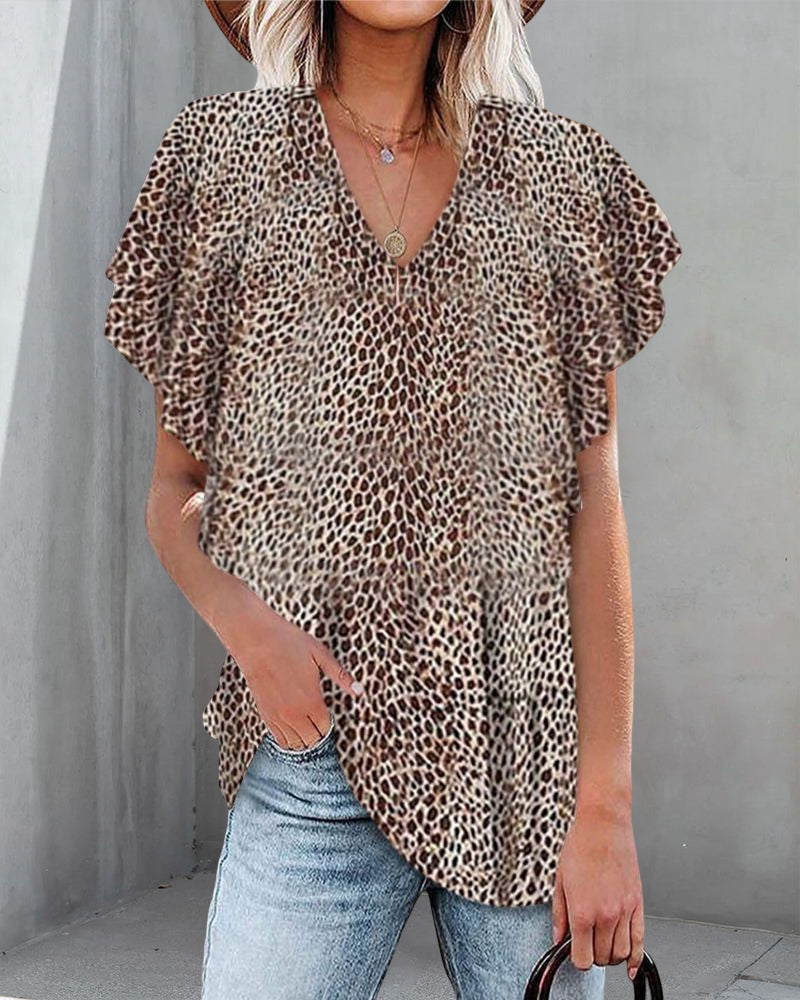 V-ringad leopard kortärmad topp