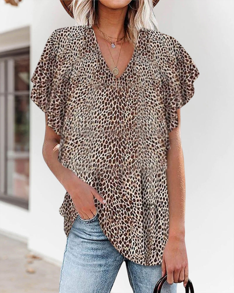 V-ringad leopard kortärmad topp