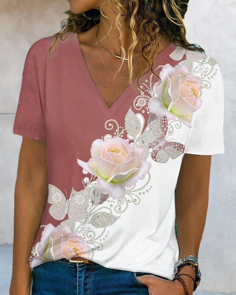 Blommor tryck V-hals t-shirt