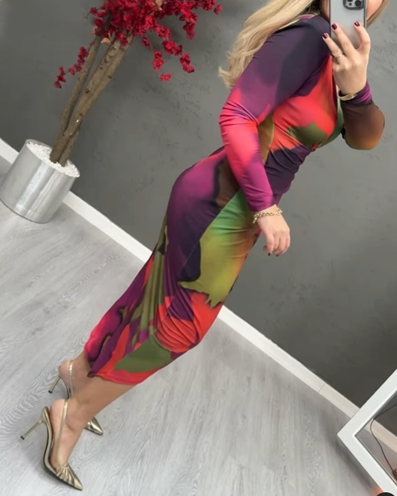 Färgglad tryckt v-ringad elegant klänning