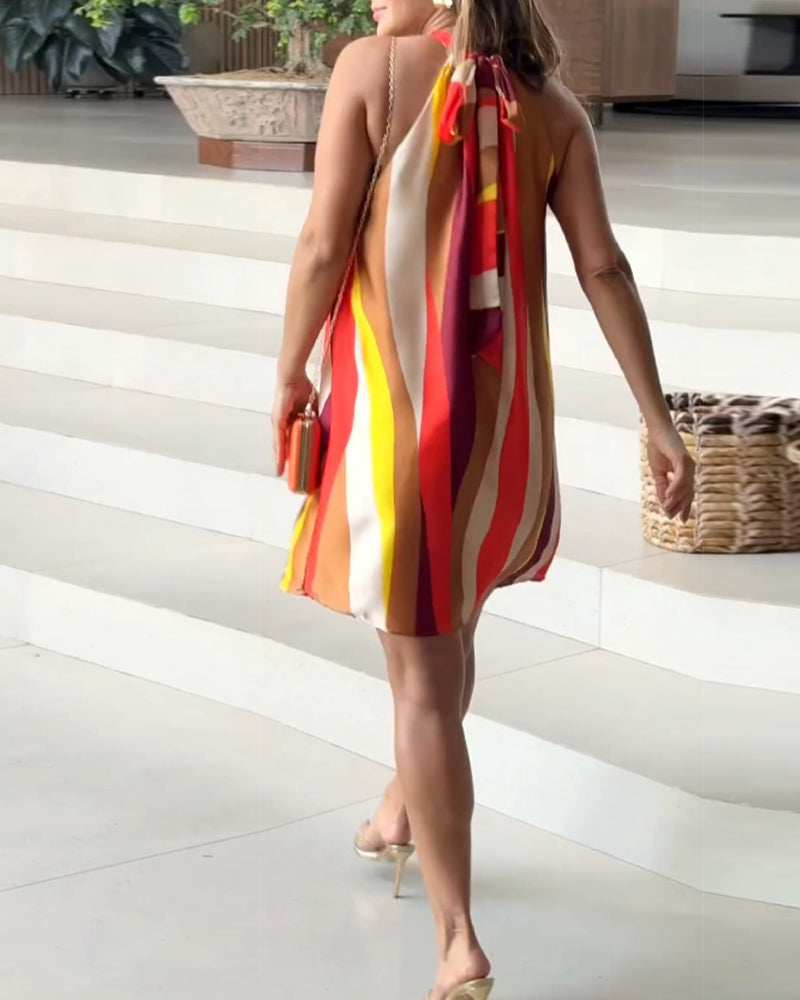 Halterneck färgglad klänning med band