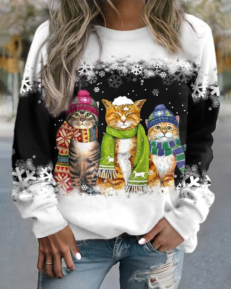 Sweatshirt med rund nacke och katttryck