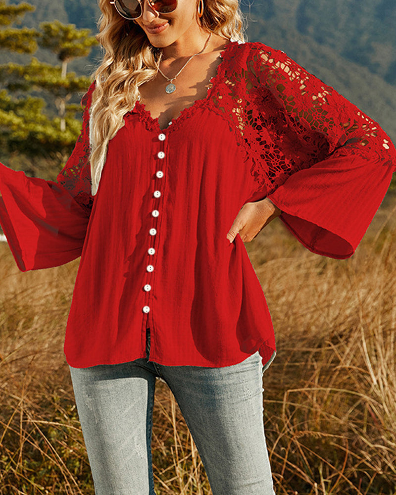 Långärmad Enfärgad Blus med Spetspanel